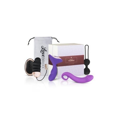 Conjunto de brinquedos sexuais roxos e pretos com controlo remoto e embalagem