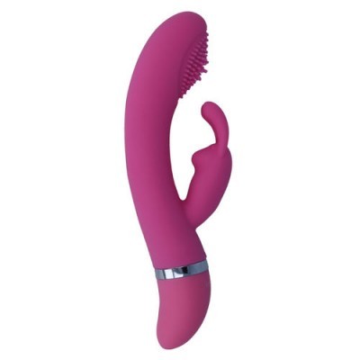 Vibrador roxo em silicone com textura e estímulo em forma de coelho