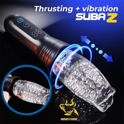 Produto eletrônico preto com plástico transparente bolhas e texto Thrusting + vibration SUBAZ