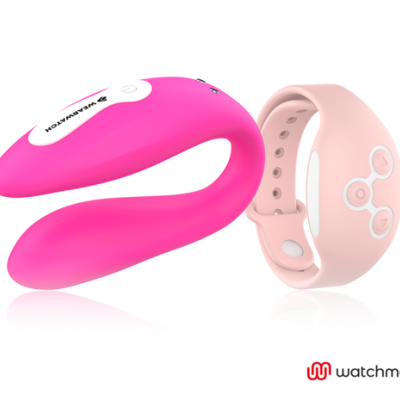 Dispositivo cor-de-rosa com bracelete cor-de-rosa claro e texto WATCHME