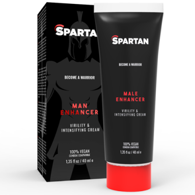 Tubo preto e vermelho de creme masculino com caixa preta, texto 'SPARTAN MALE ENHANCER VIRILITY & INTENSIFYING CREAM 100% VEGAN'