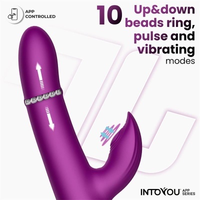 Vibrador roxo com anel de contas e textos em inglês sobre modos de vibração e movimento.