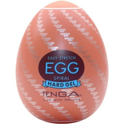 Embalagem laranja em formato de ovo com texto EASY STRETCH EGG SPIRAL HARD GEL e marca TENGA