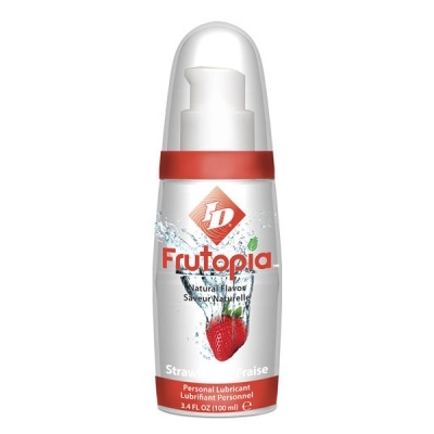 Frasco de lubrificante pessoal Frutopia sabor morango com rótulo branco e vermelho