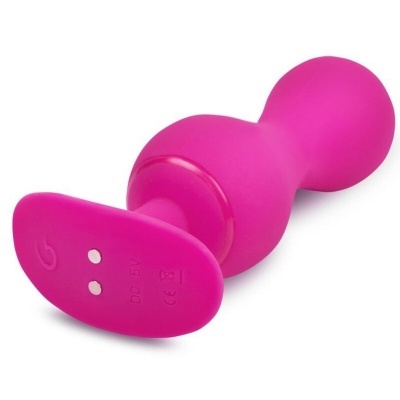 Plug anal de silicone rosa com base achatada e ícones de energia e certificações