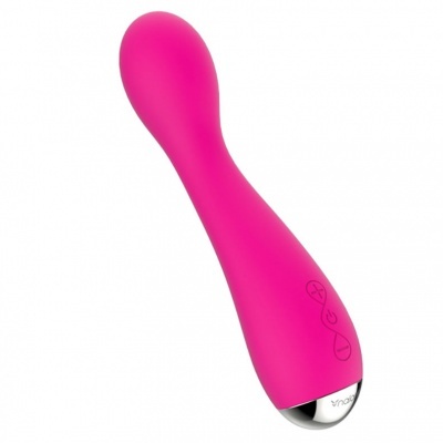 Vibrador rosa em silicone com botões de controlo e detalhes metálicos