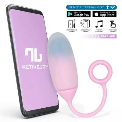 Smartphone com ecrã lilás ACTIVEJOY e dispositivo rosa com cabo e argola para controlo via Bluetooth
