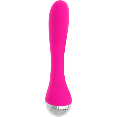 Vibrador rosa com base metálica e texturas onduladas.