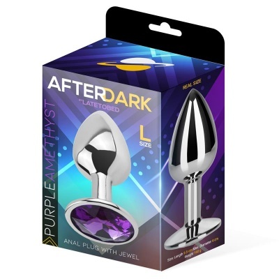 Embalagem de anal plug prateado com base roxa da marca After Dark tamanho L