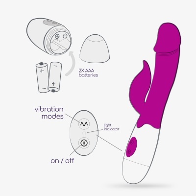 Ilustração de vibrador roxo e branco com controle e indicação de pilhas AAA