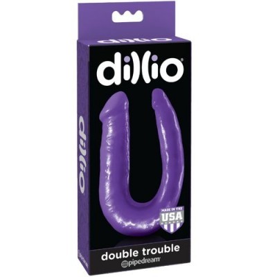 Caixa do produto Dillio double trouble preto e roxo com brinquedo sexual roxo em forma de U.