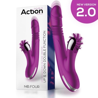 Vibrador de silicone roxo com duas funções e caixa branca