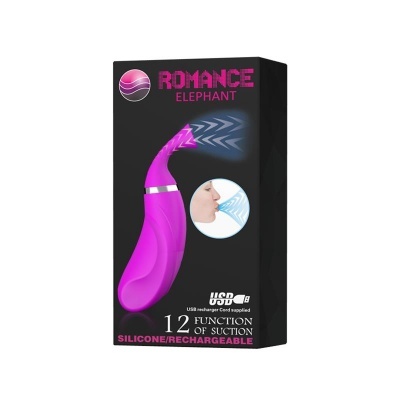 Embalagem preta com vibrador rosa ROMANCE ELEPHANT e indicação 12 funções de sucção