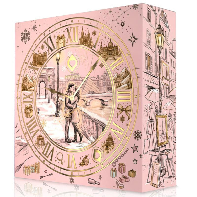 caixa decorativa rosa com relógio dourado e casal abraçado desenhado