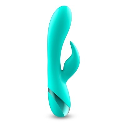 Vibrador azul turquesa com design ergonómico e detalhe prateado