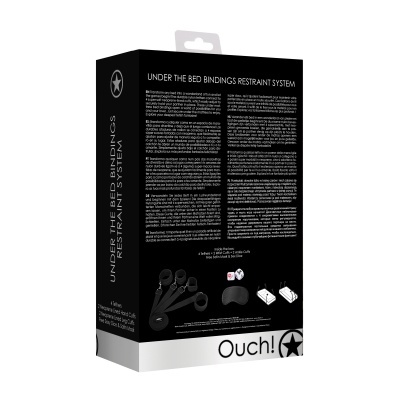 Embalagem preta do sistema restritivo Under The Bed Bindings Restraint System com texto branco e imagens ilustrativas.