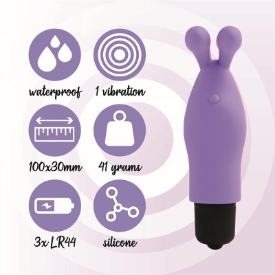 Vibrador lilás de silicone com duas orelhas e base preta, com ícones informativos
