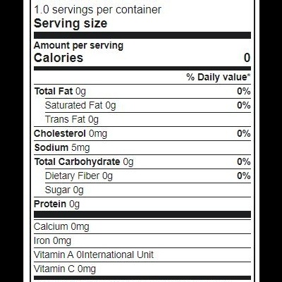 Etiqueta de fatos nutricionais com valores zero e 5 mg de sódio