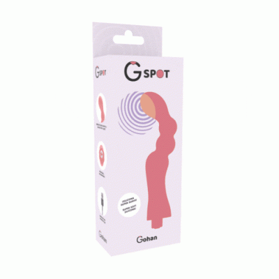 Embalagem rosa claro com vibrador texturizado em rosa e texto G SPOT Gohan
