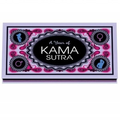 Caixa retangular decorada com texto 'A Year of KAMA SUTRA' e ícones de silhuetas humanas.