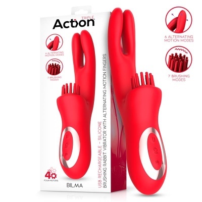 Vibrador vermelho com escovas vibratórias e embalagem branca com texto