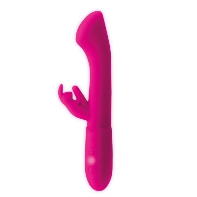 Vibrador rosa em silicone com design curvo e estimulador em forma de mão