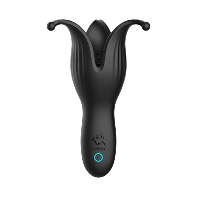 Dispositivo eletrônico preto em forma de flor com botão azul iluminado.