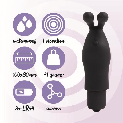 Vibrador preto em silicone com duas pontas arredondadas e ícones informativos