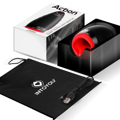 Produto eletrônico preto e vermelho com cabo USB e saco de armazenamento preto com logo INTOYOU