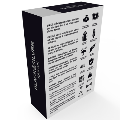 Embalagem do produto EN-KALIAN preto e branco com texto multilíngue e ícones de características.