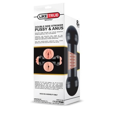 Produto sexual DOUBLE SIDE STROKER PUSSY & ANUS em embalagem branca com imagens do dispositivo preto cilíndrico