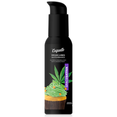 frasco preto de lubrificante vegano waterbased com doseador e decorado com cupcake e folhas verde