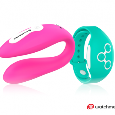 Dispositivo rosa curvo em silicone com pulseira turquesa e texto 'watchme'