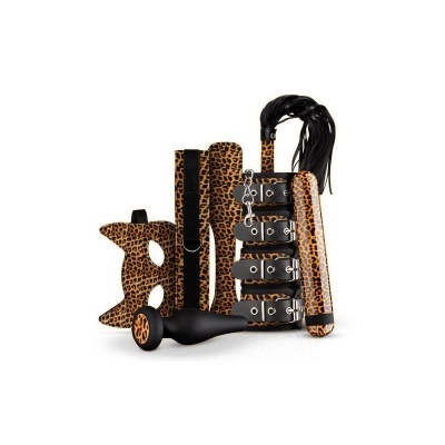 Conjunto de acessórios fetiche pele de leopardo e couro preto