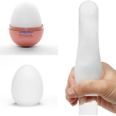 Dispositivo branco Tenga Egg com base pêssego e texto TENGA HARD EGGS em várias imagens