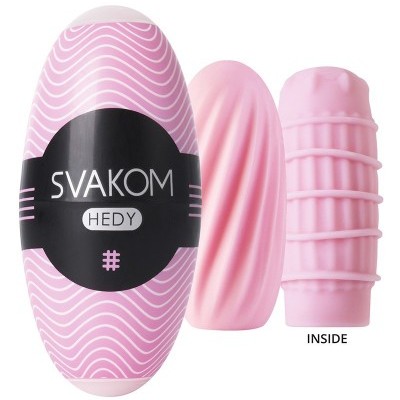 produto cor-de-rosa SVAKOM HEDY com invólucro e duas partes interiores texturizadas