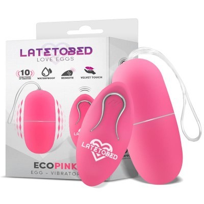 Vibrador em forma de ovo rosa LATETOBED ECO PINK com caixa e ícones de funcionalidades