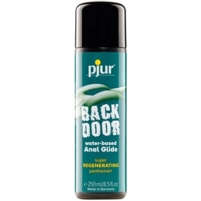Frasco de lubrificante water-based Anal Glide da marca pjur com texto BACK DOOR