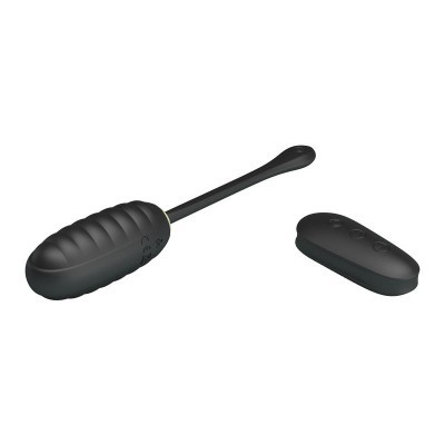 Dispositivo preto oval com controlo remoto preto, três botões, fundo branco