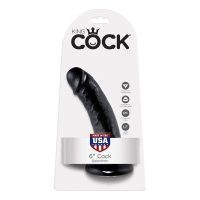 Dildo preto numa embalagem branca com texto KING COCK e Made in the USA