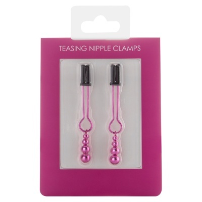 Dois grampos para mamilos rosa metálico em embalagem rosa com texto TEASING NIPPLE CLAMPS