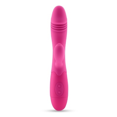 Vibrador rosa em silicone com textura e dois botões circulares na base