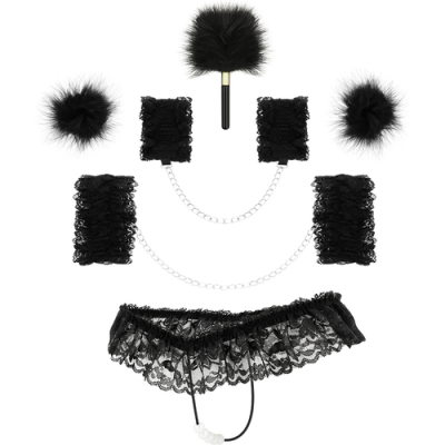 Conjunto de acessórios sexys em renda preta com penas e correntes metálicas