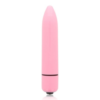 Vibrador pequeno rosa cilíndrico com ponta arredondada sobre fundo branco