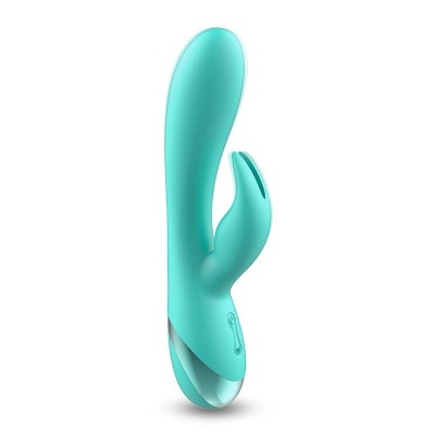 Vibrador azul-turquesa anatómico com botão na base