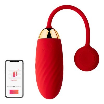 Vibrador vermelho com textura e capa dourada ao lado de smartphone com aplicação SWAN