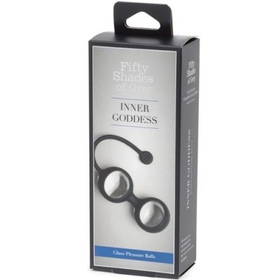 Embalagem 'Fifty Shades of Grey INNER GODDESS Glass Pleasure Balls' com bolas de vidro e estrutura preta.