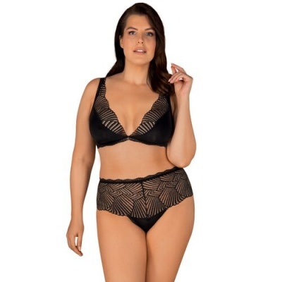 Conjunto de lingerie feminino preto em renda com padrão geométrico