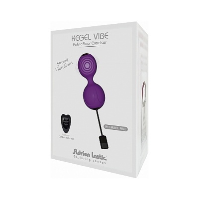 Embalagem branca do exercitador Kegel Vibe com texto e imagem do produto roxo