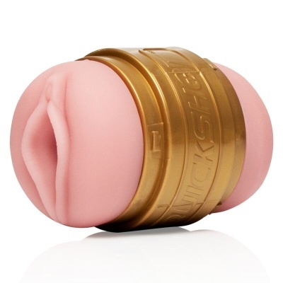 Produto cilíndrico rosa e dourado com texto QUICKSHOT